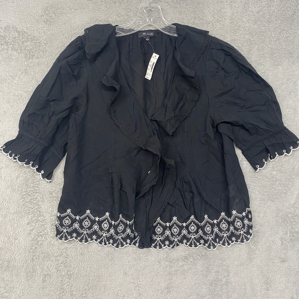 Madewell Top Women Small Jet Black Blaire Eyelet Ruffle Sleeve Button Up NZ442 - Picture 4 of 10